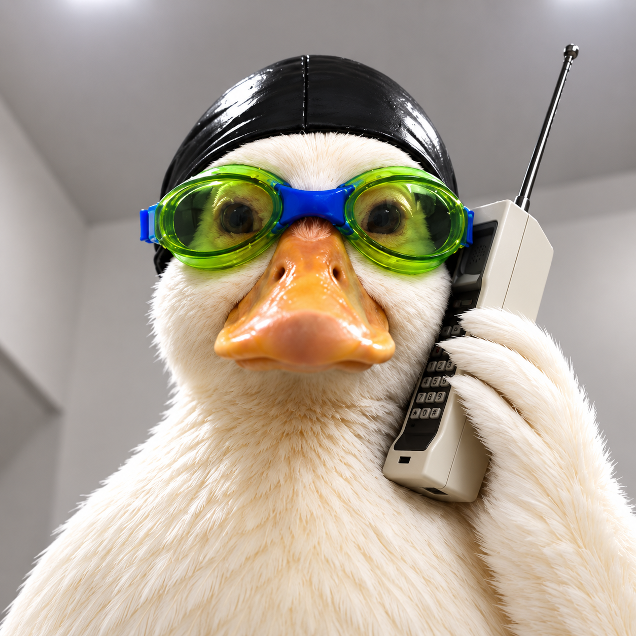 Nasduck, a duck in swim goggles holding a phone to his ear